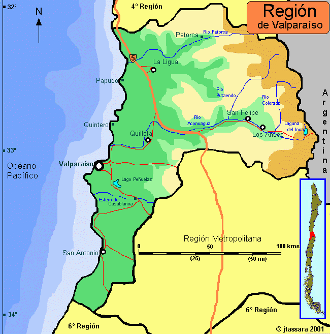 CHILE - Region de Valparaiso - mapa regional esquematico